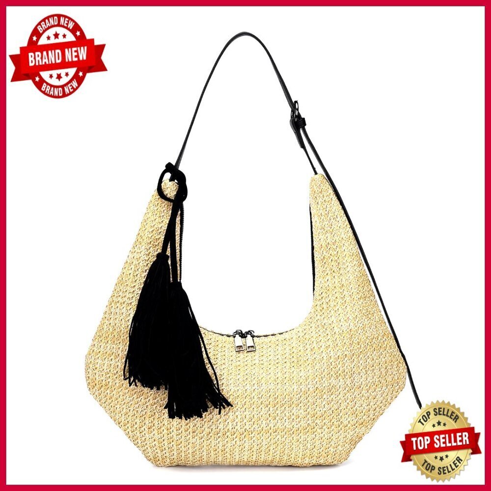 Straw Hobo Bag with Tassel, Adjustable Strap, Crossbody Purse for Summer